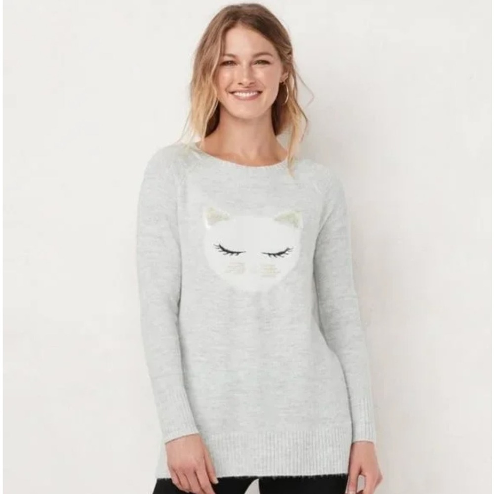 LC Lauren Conrad Women's Gray Knit Whimsical Sweater Catcore Kawaii‎ Cottagecore